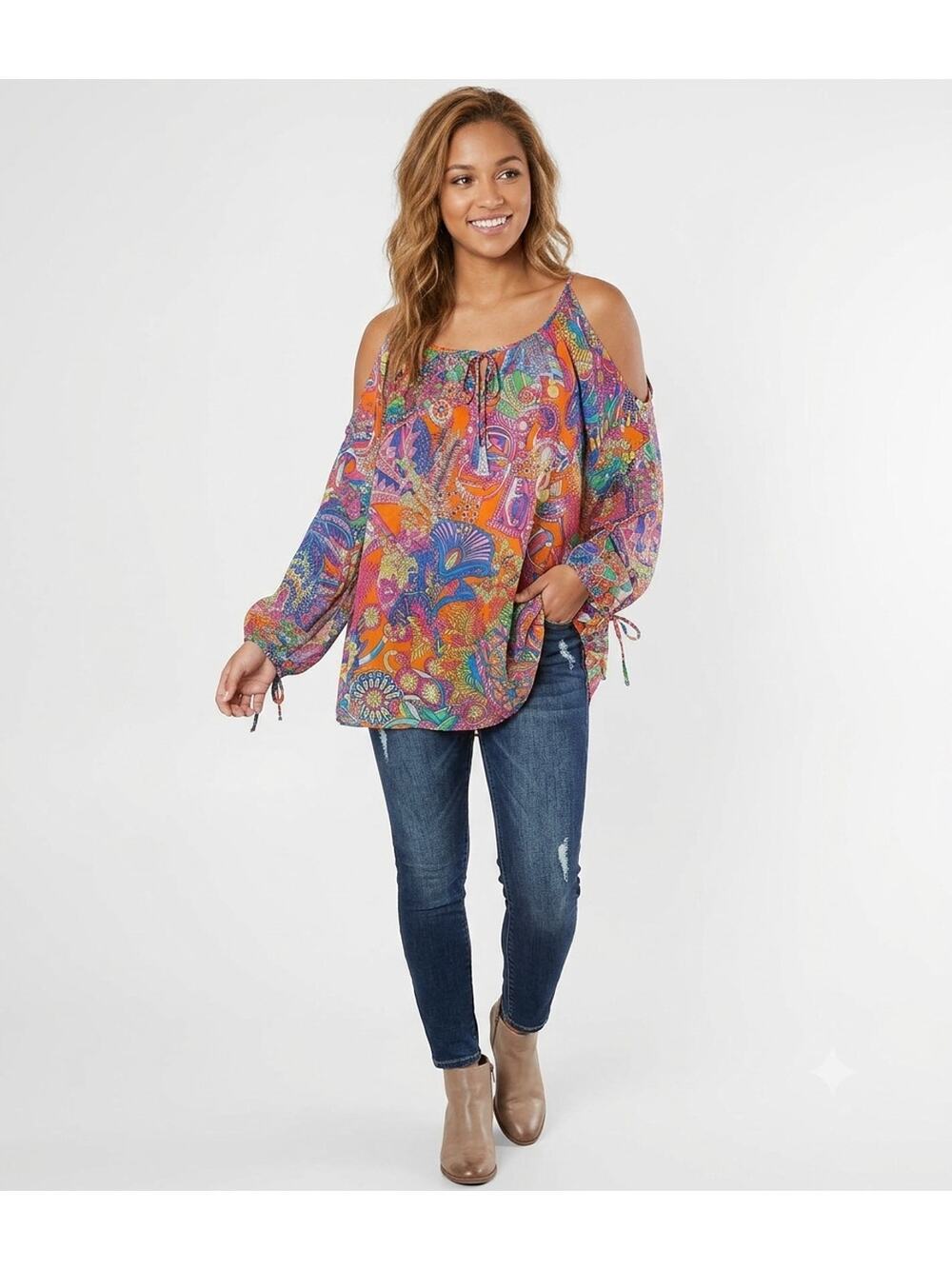 EUC Umgee Boho Cold Shoulder Tunic Top M Abstract Floral Flowy Peasant Blouse